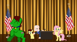 Size: 1040x574 | Tagged: safe, artist:swiftgaiathebrony, imported from derpibooru, fluttershy, oc, oc:swiftgaia, pegasus, pony, american flag, bipedal, canon x oc, female, filly, flag, joe biden, male, medal, parent:fluttershy, parents:canon x oc, pegasus oc, politics, president, stage, stallion, vector, white house, wings