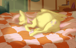 Size: 6093x3894 | Tagged: safe, artist:snspony, imported from derpibooru, fluttershy, pegasus, pony, bed, eyes closed, frog (hoof), high res, lying down, on bed, preggoshy, pregnant, sleeping, solo, sunlight, underhoof