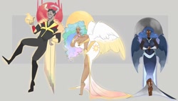 Size: 1280x732 | Tagged: safe, artist:m00n-fruit, imported from derpibooru, discord, princess celestia, princess luna, human, barefoot, bent over, big breasts, breasts, busty princess celestia, cleavage, dark skin, eyes closed, feet, female, fire, horn, horned humanization, humanized, hybrid wings, male, moderate dark skin, pointing, trio, vitiligo, winged humanization, wings