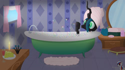 Size: 3840x2160 | Tagged: safe, artist:intelmax89, imported from derpibooru, queen chrysalis, changeling, changeling queen, alcohol, bath, bath mat, bathroom, bathtub, blowing bubbles, bubble, bubble bath, candle, cheese, cheeselegs, claw foot bathtub, crown, cute, cutealis, female, food, holes, jewelry, loofah, mirror, pillow, regalia, rug, solo, towel, towel on head, window, wine