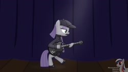 Size: 1920x1080 | Tagged: safe, artist:intelmax89, imported from derpibooru, maud pie, pony, ac/dc, angus young, bipedal, clothes, guitar, hard rock, hat, jacket, musical instrument, necktie, rock (music), shoes, shorts, solo, stage, suit