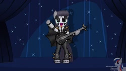 Size: 1920x1080 | Tagged: safe, artist:intelmax89, imported from derpibooru, maud pie, pony, bass guitar, bipedal, clothes, costume, face paint, gene simmons, guitar, jacket, kiss (band), makeup, musical instrument, outfit, pants, solo, stage, tongue out, uvula