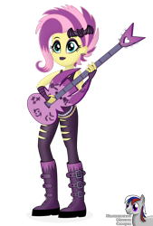 Size: 2013x2979 | Tagged: safe, artist:intelmax89, imported from derpibooru, fluttershy, bat, equestria girls, equestria girls series, rollercoaster of friendship, alternate hairstyle, boots, clothes, ear piercing, earring, eyeshadow, flutterpunk, guitar, hairpin, jeans, jewelry, lipstick, makeup, musical instrument, pants, piercing, ripped jeans, ripped pants, shoes, simple background, sleeveless, solo, torn clothes, transparent background