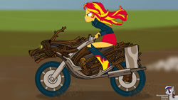 Size: 3265x1837 | Tagged: safe, artist:intelmax89, imported from derpibooru, sunset shimmer, timber wolf, equestria girls, boots, clothes, jacket, motorcycle, shoes, skirt, solo
