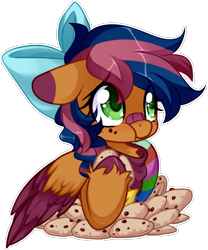 Size: 1025x1231 | Tagged: safe, artist:loyaldis, imported from derpibooru, oc, oc only, oc:solar comet, pegasus, pony, bandaid, bandaid on nose, bow, colored hooves, colored wings, cookie, disguise, disguised changedling, eating, eyelashes, feathered wings, femboy, floppy ears, food, freckles, hair bow, male, multicolored hair, multicolored wings, simple background, sock, solo, transparent background, trap, wings