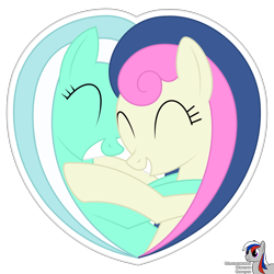 Size: 2000x2000 | Tagged: safe, artist:intelmax89, imported from derpibooru, bon bon, lyra heartstrings, sweetie drops, earth pony, pony, unicorn, female, heart, hug, lesbian, lyrabon, shipping, simple background, transparent background