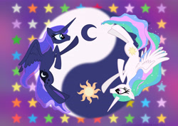 Size: 4961x3508 | Tagged: safe, artist:intelmax89, imported from derpibooru, princess celestia, princess luna, alicorn, pony, cutie mark, equestrian flag, female, royal sisters, siblings, sisters