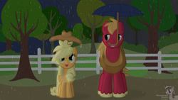 Size: 3265x1837 | Tagged: safe, artist:intelmax89, imported from derpibooru, apple bloom, applejack, big macintosh, earth pony, pony, apple, apple siblings, apple sisters, apple tree, applejack's hat, brother and sister, carrying, cowboy hat, female, fence, food, hat, male, my neighbor totoro, rain, siblings, sisters, sleeping, sweet apple acres, tree, umbrella