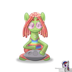 Size: 2000x2000 | Tagged: safe, artist:intelmax89, imported from derpibooru, tree hugger, earth pony, pony, bracelet, clothes, ear piercing, earring, floral head wreath, flower, glasses, hippie, jewelry, musical instrument, necklace, peace symbol, piercing, rainbow, round glasses, sitting, skirt, solo, wavy mouth