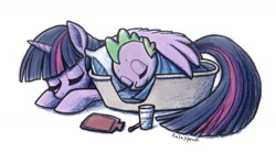 Size: 1200x667 | Tagged: safe, artist:rainspeak, imported from derpibooru, spike, twilight sparkle, alicorn, dragon, pony, cute, eyes closed, hot water bottle, mama twilight, sick, sleeping, spikabetes, spikelove, thermometer, tired, twiabetes, twilight sparkle (alicorn), wing blanket, wing shelter