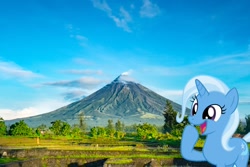 Size: 1000x667 | Tagged: safe, artist:f-4phantombrony, imported from derpibooru, trixie, pony, unicorn, cute, diatrixes, female, irl, mare, mayon volcano, philippines, photo, ponies in real life, solo, volcano