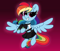 Size: 4096x3442 | Tagged: safe, artist:kittyrosie, imported from derpibooru, rainbow dash, pegasus, pony, clothes, cute, dashabetes, ear piercing, earring, female, flying, gradient background, high res, jewelry, looking at you, mare, piercing, skirt, solo, wings