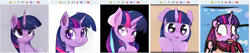 Size: 1536x327 | Tagged: safe, artist:thisponydoesnotexist, edit, imported from derpibooru, twilight sparkle, pony, derpibooru, ai content, ai generated, bust, female, generator:thisponydoesnotexist, mare, meta, neural network, not twilight sparkle, portrait, solo