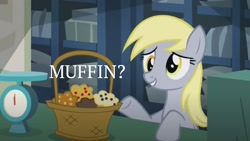 Size: 1920x1080 | Tagged: safe, edit, edited screencap, imported from derpibooru, screencap, derpy hooves, pony, slice of life (episode), food, muffin, quote, solo