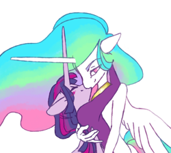 Size: 900x806 | Tagged: safe, artist:vautaryt, imported from derpibooru, princess celestia, twilight sparkle, alicorn, anthro, crossed horns, duo, female, horn, horns are touching, hug, impossibly large horn, kiss on the lips, kissing, lesbian, looking at you, shipping, simple background, transparent background, twilestia