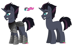Size: 2947x1887 | Tagged: safe, artist:strawberry-spritz, imported from derpibooru, oc, oc only, pony, unicorn, armor, male, offspring, parent:king sombra, parent:tempest shadow, parents:sombrest, simple background, solo, stallion, transparent background