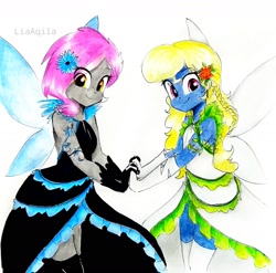 Size: 1983x1961 | Tagged: safe, artist:liaaqila, imported from derpibooru, oc, oc only, oc:azure/sapphire, oc:chiffon swatch, fairy, equestria girls, clothes, costume, crossdressing, dress, eye clipping through hair, fairies, fairies are magic, fairy costume, fairy wings, fairyized, femboy, flower, flower in hair, holding hands, male, open-back dress, smiling, traditional art, transgender, wings