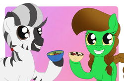 Size: 1687x1109 | Tagged: safe, artist:dyonys, imported from derpibooru, oc, oc:lucky brush, oc:nik, earth pony, pony, zebra, female, food, freckles, fruit, male, mare, smiling, smoothie, stallion