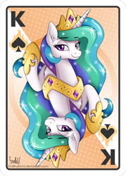 Size: 2143x3000 | Tagged: safe, artist:fadlihalimns, imported from derpibooru, princess celestia, alicorn, pony, card, crown, hoof shoes, jewelry, poker card, regalia