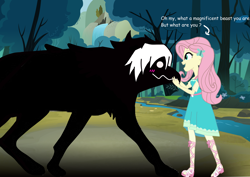 Size: 3508x2480 | Tagged: safe, artist:darkland_production, imported from derpibooru, fluttershy, oc, oc:cedric clawford, original species, equestria girls, beast, blushing, canon x oc, creature, duo, female, forest, male, pitch black, werebeast