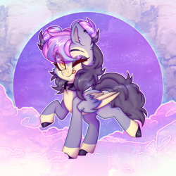 Size: 3000x3000 | Tagged: safe, artist:_spacemonkeyz_, imported from derpibooru, oc, oc only, oc:ouij'aa, pegasus, pony, cloud, coat markings, collar, ear piercing, markings, pale belly, pegasus oc, piercing, raised hooves, sky, socks (coat marking), socks (coat markings), solo, spiked collar, two toned wings, wings