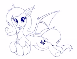 Size: 4096x3121 | Tagged: safe, artist:btbunny, imported from derpibooru, fluttershy, bat pony, pony, bat ponified, fangs, flutterbat, lineart, looking at you, monochrome, open mouth, pumpkin, race swap, simple background, tongue out