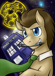 Size: 910x1260 | Tagged: safe, artist:jitterbugjive, imported from derpibooru, doctor whooves, time turner, earth pony, pony, crossover, doctor who, gallifreyan, male, moon, mouth hold, necktie, solo, sonic screwdriver, space, stallion, the doctor