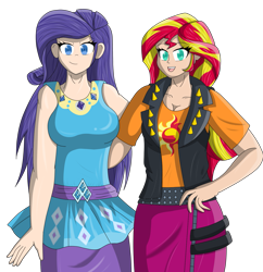 Size: 1425x1475 | Tagged: safe, artist:thedracks, imported from derpibooru, rarity, sunset shimmer, equestria girls, breasts, busty rarity, female, human coloration, rarity peplum dress, simple background, transparent background