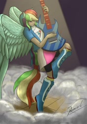 Size: 1240x1754 | Tagged: safe, artist:reminic, imported from derpibooru, rainbow dash, human, equestria girls, rainbow rocks, awesome as i want to be, boots, clothes, compression shorts, eared humanization, female, guitar, humanized, jacket, musical instrument, rainbow socks, shirt, shoes, skirt, socks, solo, striped socks, t-shirt, tailed humanization, winged humanization, wings