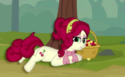 Size: 2406x1480 | Tagged: safe, artist:third uncle, artist:three uncle, edit, edited screencap, imported from derpibooru, screencap, cherry jubilee, earth pony, pony, lesson zero, the last roundup, basket, cherry, cherry blossoms, cherry tree, draw me like one of your french girls, female, flower, flower blossom, food, grin, mare, smiling, smiling at you, tree