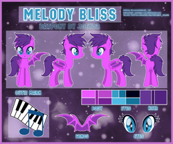 Size: 700x583 | Tagged: safe, artist:angelina-pax, imported from derpibooru, oc, oc only, oc:melody bliss, bat pony, pony, bat pony oc, bat wings, color palette, commission, cutie mark, female, male, mare, reference sheet, solo, stallion, trans female, transgender, wings