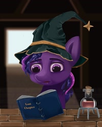 Size: 1920x2400 | Tagged: safe, artist:meodaiduoi, imported from derpibooru, twilight sparkle, pony, book, cottage, hat, potion, solo, table, wizard hat
