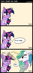 Size: 2414x5266 | Tagged: safe, alternate version, artist:julunis14, imported from derpibooru, princess celestia, twilight sparkle, alicorn, pony, unicorn, 2020, bonk, cheek fluff, chest fluff, comic, ear fluff, it's fine, newspaper, speech bubble, tongue out