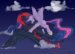 Size: 4079x2933 | Tagged: safe, artist:failure, imported from derpibooru, twilight sparkle, oc, oc:king phoenix embers, alicorn, pony, commission, female, flight, flying, male, mare, night, red changeling, sfw, stallion, twilight sparkle (alicorn), ych result