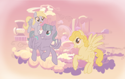 Size: 1486x940 | Tagged: safe, artist:acornheart465, imported from derpibooru, derpy hooves, oc, oc:borealis hooves, oc:daisy doo, pegasus, pony, cloud, cloudsdale, father, female, male, mother, parent, younger