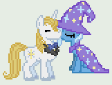 Size: 162x124 | Tagged: safe, artist:jadeharmony, artist:jadethepegasus, imported from derpibooru, prince blueblood, trixie, bluetrix, female, male, pixel art, shipping, straight