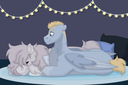 Size: 1280x854 | Tagged: safe, artist:itstechtock, imported from derpibooru, oc, oc only, oc:sleepyhead, oc:sunny skies, bat pony, hybrid, pegasus, pony, adopted offspring, lying down, male, offspring, parent:apple bumpkin, parent:pinkie pie, parent:princess skystar, parent:soarin', parents:skypie, prone, sleeping, stallion