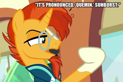 Size: 748x500 | Tagged: safe, edit, edited screencap, imported from derpibooru, screencap, snails, sunburst, pony, unicorn, the parent map, caption, cumin, food, image macro, implied stellar flare, male, pronunciation, rule 63, seasoning, spice, spice (food), stallion, text