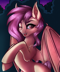 Size: 3723x4519 | Tagged: safe, artist:vetta, imported from derpibooru, fluttershy, bat pony, pony, bat ponified, ear fluff, female, flutterbat, high res, leg fluff, one eye closed, open mouth, race swap, rearing, solo, tree