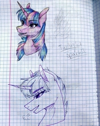 Size: 1080x1350 | Tagged: safe, artist:moona_lou, imported from derpibooru, twilight sparkle, pony, unicorn, bust, duo, female, graph paper, lineart, mare, partial color, traditional art, unicorn twilight