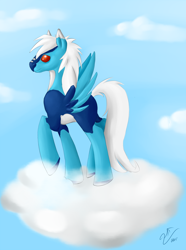 Size: 1500x2017 | Tagged: safe, artist:artbleed, imported from derpibooru, oc, oc only, pegasus, pony, cloud, on a cloud, outdoors, pegasus oc, signature, solo, wings