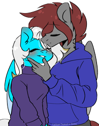 Size: 1200x1532 | Tagged: safe, artist:cottonsweets, imported from derpibooru, oc, oc only, oc:artfulcord, oc:arucordu, oc:lollia, anthro, pegasus, blushing, clothes, couple, cute, freckles, kissing, shipping, sikan pegasus, tattoo