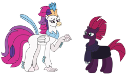 Size: 3264x1932 | Tagged: safe, artist:supahdonarudo, imported from derpibooru, queen novo, tempest shadow, classical hippogriff, hippogriff, pony, unicorn, series:novoember, my little pony: the movie, broken horn, clothes, horn, raised hoof, sad, scar, scarf, simple background, transparent background, worried