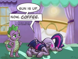 Size: 2048x1536 | Tagged: safe, artist:catscratchpaper, imported from derpibooru, spike, twilight sparkle, alicorn, dragon, pony, dialogue, duo, ear fluff, face down ass up, floppy ears, lying down, one eye closed, prone, speech bubble, sunrise, tired, twilight sparkle (alicorn), winged spike, wings