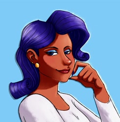 Size: 1931x1972 | Tagged: dead source, safe, artist:andressuperhell, artist:smol_andriusha, imported from derpibooru, rarity, human, bedroom eyes, blue background, bust, clothes, dark skin, ear piercing, humanized, makeup, nail polish, piercing, simple background, smiling, solo