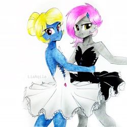 Size: 2175x2175 | Tagged: safe, artist:liaaqila, imported from derpibooru, oc, oc only, oc:azure/sapphire, oc:chiffon swatch, equestria girls, ballerina, black swan, clothes, crossdressing, dancing, femboy, male, swan lake, traditional art, transgender, tutu, tutus, white swan