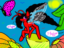 Size: 2048x1536 | Tagged: safe, artist:artmama113, imported from derpibooru, oc, oc only, oc:yaoilover, breezie, butterfly, dialogue, female, flower, outdoors, raised hoof, signature
