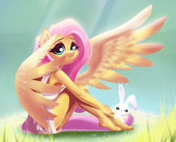Size: 1024x824 | Tagged: safe, artist:blue mey, artist:bluemey_, imported from derpibooru, angel bunny, fluttershy, anthro, pegasus, plantigrade anthro, barefoot, clothes, crepuscular rays, cute, dress, duo, feet, female, looking at you, partial nudity, schrödinger's pantsu, shyabetes, sitting, wings