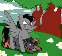 Size: 1192x1080 | Tagged: safe, artist:lowname, imported from derpibooru, oc, oc only, earth pony, pegasus, pony, cloud, commission, duo, earth pony oc, flower, outdoors, pegasus oc, smiling, smirk, tree, wings, ych result