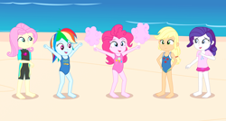 Size: 2816x1512 | Tagged: safe, artist:draymanor57, imported from derpibooru, applejack, fluttershy, pinkie pie, rainbow dash, rarity, equestria girls, age regression, applejack's beach shorts swimsuit, barefoot, beach, beach shorts swimsuit, child, clothes, cotton candy, feet, fluttershy's beach shorts swimsuit, humane five, one-piece swimsuit, shirt, swimsuit, wetsuit, young, younger